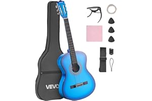 VEVOR Guitare Classique Débutants, 96 cm, avec Cordes Nylon, Housse de Transport, Sangle, Accordeur, Cordes Supplémentaires, Médiators, Capodastre, en Tilleul, pour Adolescent, Adulte, Étudiant, Bleu