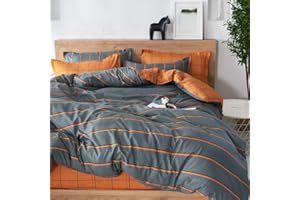 Treer Juego de Ropa de Cama de 3 Piezas, Microfibra Suave Transpirable Moderno Tartán Juego de Fundas Edredón con 1 Funda Nórdica + 2 Funda de Almohada (Naranja Gris,Cama 150/160-220x240cm)