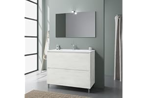 Kiamami Valentina - Mobile Bagno a Terra 100 cm | Doppio Cassetto con Estrazione Totale | Lavabo in Ceramica | Specchio Incluso | Chiusura Ammortizzata | Finitura Bianca, 100 cm, Bianco, ABS