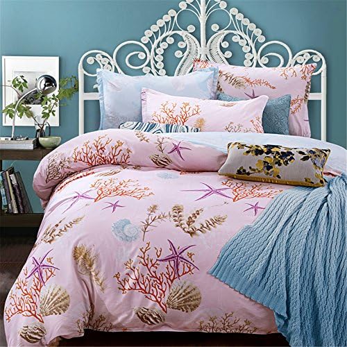 Coral Seashell Pattern Duvet Cover Set Without Comforter 4-Piece 800T Pure CottonFull Size Queen Size^^^Coral Seashell Conch Pink Base^^^multi-colored