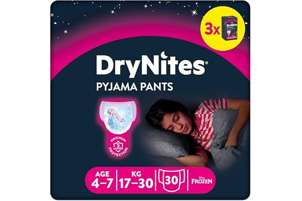 DryNites Huggies Couches de nuit absorbantes pour pipi au lit, pour filles de 4 à 7 ans (17 à 30 kg), 3 x 10 = 30 culottes, boîte mensuelle