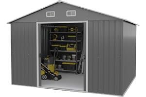 JUMMICO Abri à outils, en métal et acier, résistant aux intempéries, avec toit à double pente, porte coulissante et fondations, pour jardin, vélos, taille XL-9,6 m³, 174 x 279 x 199 cm, gris