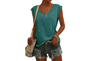 ASKSA Femme T-Shirt Débardeur Col en V à Mancherons été Couleur Unie Sport Tee Hauts Chemises Amples de Base Shirts