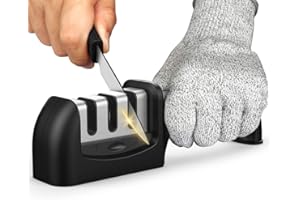 D L D Kitchen Knife Sharpeners, 3 Stage Manual Knife Sharpener with Cut Protection Gloves Knife Sharpening Tool with Diamond Coated, Tungsten Steel and Ceramic Rod, Non-Slip …