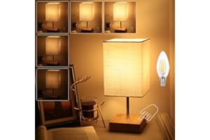 HSLIGHTING Touch Lamps Bedside, Upgrade Brightness 1-100% Dimmable Reading Square Table Lamps with Flaxen Fabric Shade Wooden Grain Base LED Light Bulbs Night Nightstand Light for Living Room Children's Room