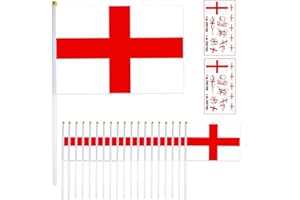 QGH 20Pcs St Georges Cross Hand Flags - England Handheld Waving Flags with Poles for St George’s Day, Rugby, Football, World Cup & Party Decorations – Includes 2 Bonus Tattoo Stickers