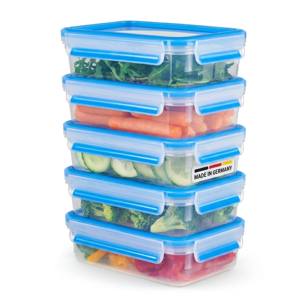 EMSA Clip & Close Frischhaltedosen-Set, rechteckig, 5 X 0,8 L, Aufbewahrungsboxen, 100 Prozent dicht, spülmaschinen-, gefrier-, mikrowellenfest, Transparent, Blau, Made in Germany, N10307
