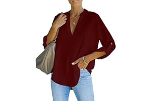 NONSAR Chemisier élégant à col en V pour femme Henley Chemisier ample à manches enroulables