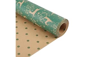 HAIPICHO Christmas Wrapping Paper Roll – 15m x 44cm Large Recyclable Kraft Gift Wrap – Double Sided Design (Green Reindeer & Polka Dots) – Eco Friendly, Heavy Duty 80gsm Sustainable Paper for Xmas & Crafts
