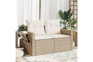 IKAYAA Sofá Jardín 2 Plazas de Ratán con Almacenamiento, Sofas Terraza, Sofá de Exterior 2 Plazas, Muebles de Terraza con Cojines Acolchados, Sofá para Jardín Patio Terraza Beige y Crema