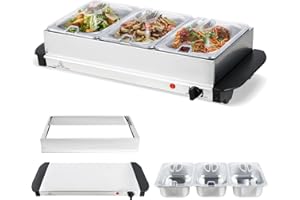 GiantexUK Electric Buffet Server, 2-in-1 Stainless Steel Food Warmer with 3 x 1.4L Removable Pans, Clear Lids & Handles, Temperature Adjustable Hot Plate Serving Tray for Home Restaurant