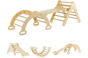 RELAX4LIFE 4 IN 1 Set di Triangolo da Arrampicata per Bambini, Triangolo+Scivolo+Arco Arrampicata, Palestra Montessoriana per Bambini, 1+ Anni (Naturale)