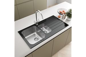 SÄUBER® 1000 x 500mm Stainless Steel Kitchen Sink Black Glass Surround 1.5 Bowl Inset Drop in Installation, Right Hand Drainer, Free Basket Strainer Waste