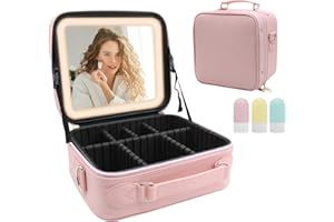 AMLOPE Maletín Maquillaje con LED Espejo Estuche Cosmético de Viaje con 3 Luces de Relleno de Color Organizador Cosmético Profesional Bolsa de Maquillaje Portátil con Compartimento Extraíble (Rosa)