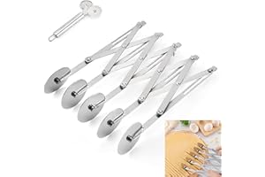 AMROICUS Teigschneider mit 5 Rädern und Pizzaschneider-Set, Pizzaschneider aus Edelstahl, erweiterbarer Teigschneider, mehrrundes Teigmesser, Backschneider-Rolle, Keks-Ravioli-Schneider, Radteiler