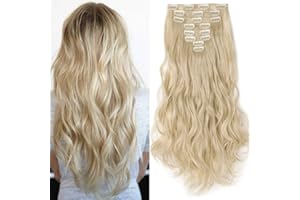 17"(43cm) SEGO Extensiones de Cabello Clip de Pelo Sintético Se Ve Natural 8PCS [Blanqueador Rubio] Rizado Ondulado Largo Postizos Pelucas para Mujer (140g)