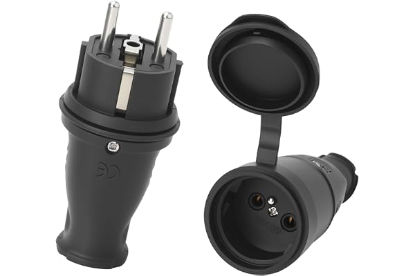 TNSLAND 1-pack Schuko-kontakt och Schuko-koppling, skyddskontakt, utomhusplugg skyddskontaktuppsättning med vikskydd Kan användas för 0,5–3 cm² kabel, IP44, 250 V, 16 A