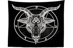 Fullfun Constellation Tapestry Satanic Goat Head With Binary Symbol Tattoo, Pentagram & Demon Baphomet，Retro Music Summer for Biker Black Wall Hanging for Home Decor 60 x 80 inch