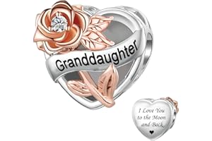 KunBead Rose Family I Love You to the Moon and Back Birthday Heart Love Bead Charms Compatible with Pandora Bracelet for Auntie Friend Sister Mum Daughter Nana Granddaughter Wife