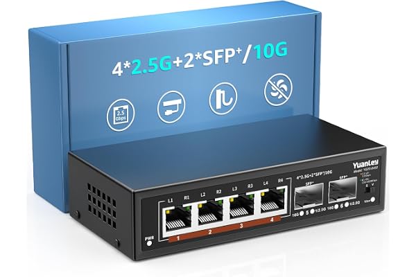 6 Port 2.5G Switch Ethernet Umanaged, 4 x 2.5G Base-T Ports, 2 x 10G SFP, Métal, sans Ventilateur, Commutateur Réseau YuanLey 10/100/1000M/2.5Gbe pour AP sans Fil, NAS, PC, Montage Mural