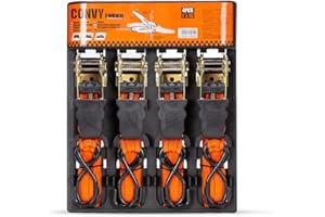 Convy Lot de 4 sangles à cliquets avec crochets en S, supportant une charge maximale totale de 780 kg, 2,5 x 38 cm