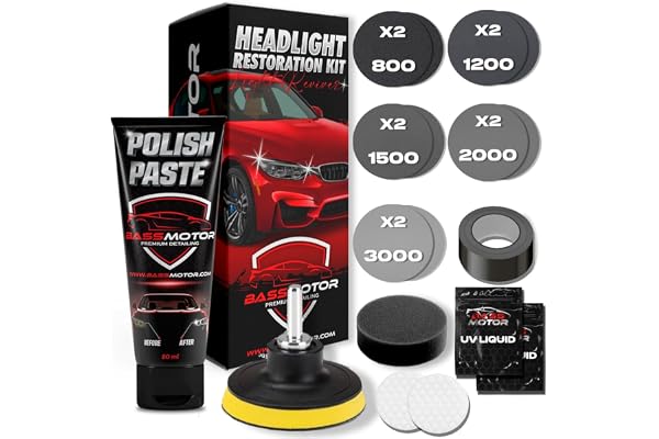 BassMotor Kit Complet pour polir les phares ternes et usés pour la restauration de voiture - Ensemble pour nettoyer et poncer pour le contrôle technique et améliorer la visibilité et la sécurité