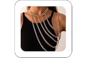 Yienate Sexy Harness Body Chain Boho Gold Necklace Choker Shoulder Chain Multi Row Chunky Cuban Arm Chain Unique Layered Shoulder Necklace Body Chain Jewelry Accessories For Women Girls