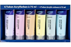 Stylex 28629 - Set di 6 tubetti da 75 ml, a base d'acqua, opachi, elevata opacità, colori resistenti alla luce, ad asciugatura rapida e impermeabili