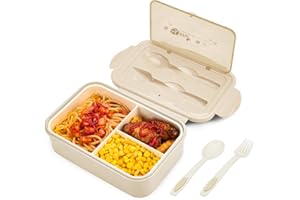 BIBURY Lunch Box, Leakproof Bento Box for Kids Adults, Food Container with 3 Compartments and Cutlery Set, BPA Free, Microwave and Dishwasher Safe Meal Prep Containers - Khaki