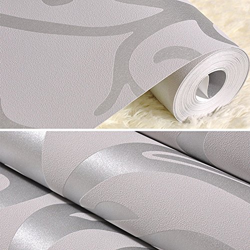 PVC-Tapete Relief Mustertapete 0,53m*10m Flock Tapete Europa Hintergrundbild Wallpaper Ornament Vliestapete Silbergrau für Schlafzimmer, Wohnzimmer, Hotel (Silber Grau) - 6
