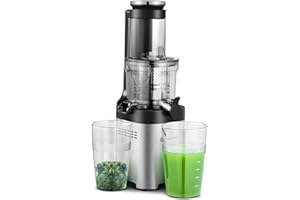 AMZCHEF Extractor de Zumos y Verduras - Licuadora Prensado en Frio con Conducto de 79MM para Frutas y Verduras Enteras - Juicer de Acero Inoxidable - Negro