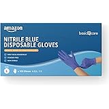 Amazon Basic Care Guanti monouso blu in nitrile, Senza polvere, Taglia L, 100 unità (Precedentemente Marchio Hevea)