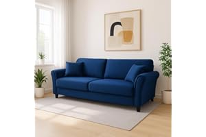 Shally Dogan Set Divano 3 Posti in Velluto da Salotto, Schienale con Cuscini Imbottiti in Schiuma Alta Densità, Divano, Divanetto Moderno Arredamento da Soggiorno con Piedi in Legno (Blu)