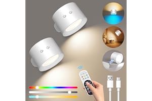 COTLEDL LED Wandleuchte Innen, 2 Stück Akku Wandleuchte Ohne Stromanschluss, Dimmbar Kabellose Wandlampe 3 Farbmodi Nachttischlampe & RGB Ambiente Wandleuchte 360° Drehbarer, Touch-und Fernbedienung,Weiß