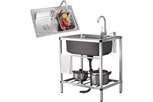 DUCHUNSHENG Lavello Da Esterno Da Giardino - Vasca Singola In Acciaio Inossidabile Più Spesso, Con Rubinetti, Filtri E Tubi Scarico, Lavelli Commerciali Per Ristoranti Lavanderia Garage Campeggio Cucina