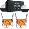 FLOW Barware Iceberg Whiskey Glasses Set of 2 | Whisky Glass Gift Set with Unique Design & Heavy Base, Includes 2X Ice Ball Mould | Whiskey Tumblers for Scotch Bourbon Gin, Rum & Vodka