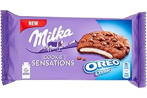 CANDYLO Milka, Cookie Sensations Oreo, Biscotto al Cacao con Goloso Ripieno di Crema Oreo e Pepite di Cioccolato al Latte, con Latte Alpino, Cacao Sostenibile, 156g (6 biscotti da 26g)