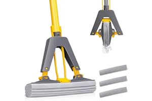 MASTERTOP Easy Floor Cleaner with Self-Squeeze Wringing, Hands-Free Extended Highly-Absorbent PVA Sponge Mop for Laminate, Tile, Hardwood Floor - Send 3pcs Sponge Mop Heads
