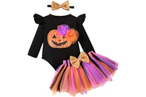 DaceStar Costume Halloween Neonata, Il Mio Primo Vestito Halloween Neonata, Pagliaccetto Zucca Bambino+Gonna Tutu+Calze Lunghe+Fascia, Costume Bambina 0-18 Mesi