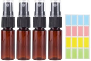 20 ml brun sprayflaska, 4 stycken sprayflaskor, liten plast, påfyllningsbar sprayflaska med etiketter, bärbar kosmetikasprayflaska för vatten, alkohol, kosmetika, parfym, aromaterapi