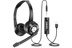 NIUQIGE Auriculares para PC con Microfono, USB/3,5 mm Cancelacion de Ruido & Sonido Estereo Claro Cascos Business para Skype, Seminario Web, Centro de Llamadas, Escuela, Cursos Online, Oficina