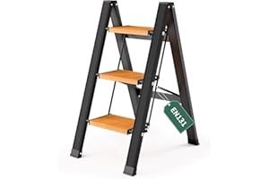 KULACO Escalera Plegable 3 Peldaños de Aluminio, con Peldaños Antideslizantes y Portátil hasta 150 kg, Diseño Elegante para Hogar, Cocina, Camping