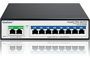Goalake Switch PoE 10 Porte Gigabit 10/100/1000 Mbps, 8 Porte Gigabit PoE fino a 100W, ogni porta fino a 30 W, Protezione da Sovraccarico, IEEE 802.3af/at, Desktop/Parete, Metallo Plug&Play