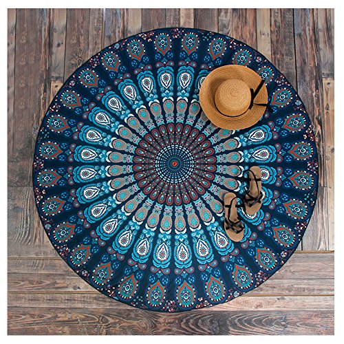 Yiuswoy Boho Strand Decke,Rund Mandala Strandtuch,Gypsy Tischdecke,Gross Wandteppich Indisch,Wandteppich Yoga Matte,Hippie Picknickdecke Mit Die Pfauenfeder Muster - Blau