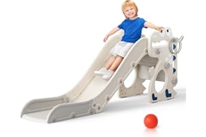 CUPCHID Toddler Slide, Freestanding with Ball Frame maximum load capacity 50 kg/110 lbs, easy to assemble and disassemble, made of high-density polyethylene (beige gray-dinasour)