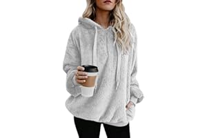 HORMTAER Damen Pullover Teddy Hoodie Warm Teddy-Fleece Kapuzenpullover Oversize Sweatshirt Langarm Lose Winter Pulli Tops Oberteile mit Tasche