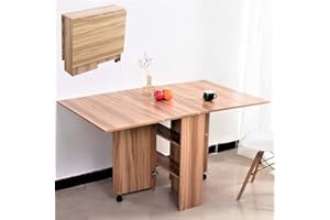 BAKAJI Tavolo da Pranzo Scrivania Multiuso Pieghevole Richiudibile Allungabile con Libreria 2 Scomparti Ripiani a Scomparsa e Ruote in Legno MDF Design Moderno 140 x 80 x 74 cm (Quercia)