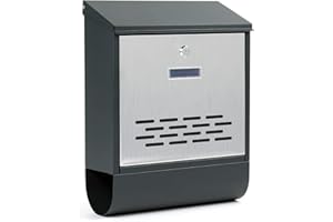 ‎WILTEC Wiltec Designer Briefkasten V37 Anthrazit und Edelstahl 305 x 105 x 385 mm, Wandbriefkasten mit Schloss, Sichtfenstern, Namensschild, Zeitungsrolle, Postkasten aus galvanisiertem Stahl