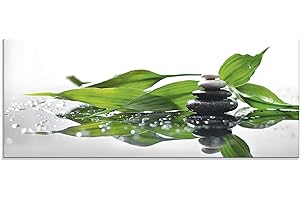 ARTLAND Küchenrückwand Glas mit Motiv Spritzschutz 125x50 cm Design Modern Natur Zen Asien Bambus Steine Reflektion Grün S7LT