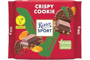 RITTER SPORT Crispy Cookie Vegan, Tavoletta di Cioccolato con Farina di Mandorle, Cacao, Cornflakes e Biscotto, 100 g